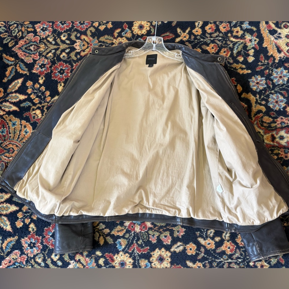 Vintage Brown Bomber Motto Leather Jacket Express Large Distressed Finish 90s. - Picture 16 of 16